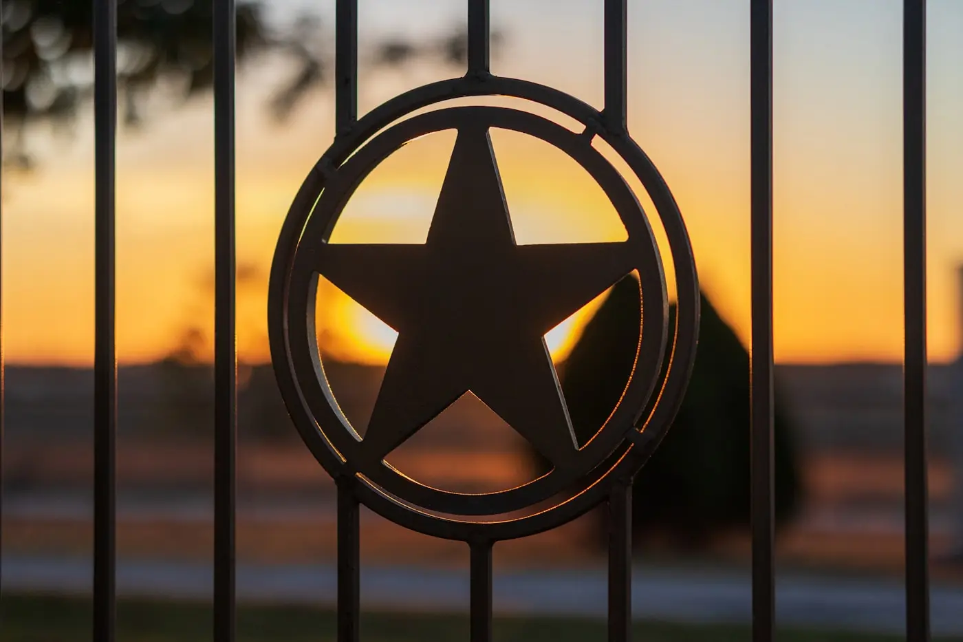 A wrought-iron ranch gate with a Texas star silhouetted against the sunset